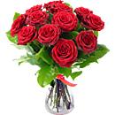 The elegant arrangement of 12 red roses with gypsophila.