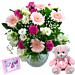 Baby Girl Flower Gift Set which includes a beautiful bouquet, handwritten greetings card, a soft pink teddy bear and a glass vase. Baby Girl Flower Gift Set which includes a beautiful bouquet, handwritten greetings card, a soft pink teddy bear and a glass vase.