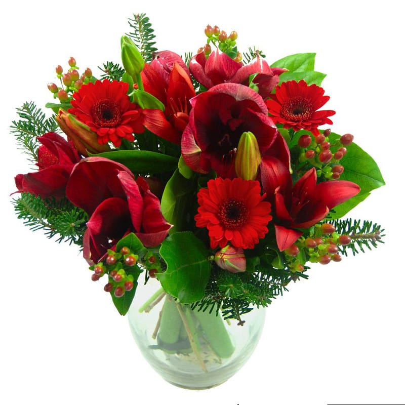 christmas joy flower bouquet, a festive green and red bouquet