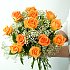 Twelve Orange Roses meaning Desire. Perfectly presented amongst a bed of gypsophila. Twelve Orange Roses meaning Desire. Perfectly presented amongst a bed of gypsophila.