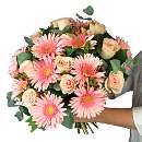 Pink Delight Bouquet - Packed with pink roses, germinis, hypericum and foliage.