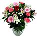Our delightfully pretty One Love hand-tied bouquet consists of one single premium red valentines rose presented within a cluster of fresh pink roses, carnations, germini and alstroemeria. Our delightfully pretty One Love hand-tied bouquet consists of one single premium red valentines rose presented within a cluster of fresh pink roses, carnations, germini and alstroemeria.