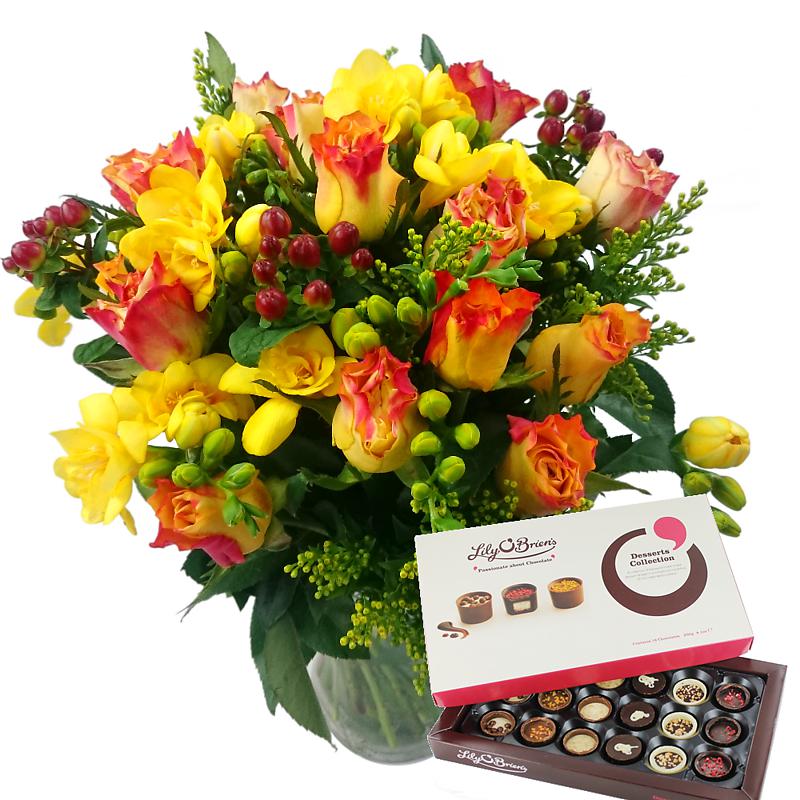 Rose & Freesia with Chocolates and Vase half price special offer on subscriptions.
