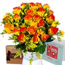 The Rose and Freesia Gift Set - A perfect present for Mothers Day; A stunning bouquet of roses, freesia and solidaster complete with a Mothers Day card, a delicious box of Thorntons Continental chocolates, and a chic new vase in which to display this stunning bouquet in.