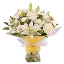 Make someone happy with this hand-tied bouquet of cream and white Roses, Mini Gerbera, Lilies, Carnations and Chrysanthemums presented for instant display.