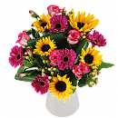 The exquisite Summer Sensation bouquet - This vibrant bouquet comprises of sunflowers, hot pink germinis, dainty hypericum berries, lustrous alstroemeria and jazzy pink roses combined with luxury green foliage.