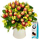 Tulip and Freesia Bouquet; A fabulous bouquet of Tulips, Freesia and Solidaster which will bring vibrant colour and a sweet fragrance to any home.