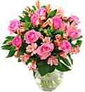 Pink Rosmeria, a warm and cheery arrangement of pink roses and alstromerias availlable for next day free delivery.