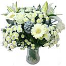 Snow White Christmas, lilies, roses, winter chrysanths, silver pine cones.