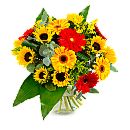 Summer Sunshine hand-tied bouquet, erupting with summer blooms that delight in their vibrancy and summer colouration.