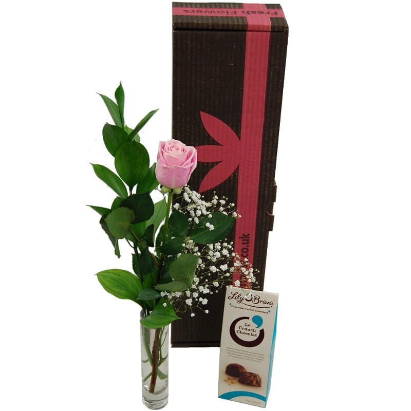 Single Pink Rose Gift Set Fresh Pink Rose, Vase and Chocolates for