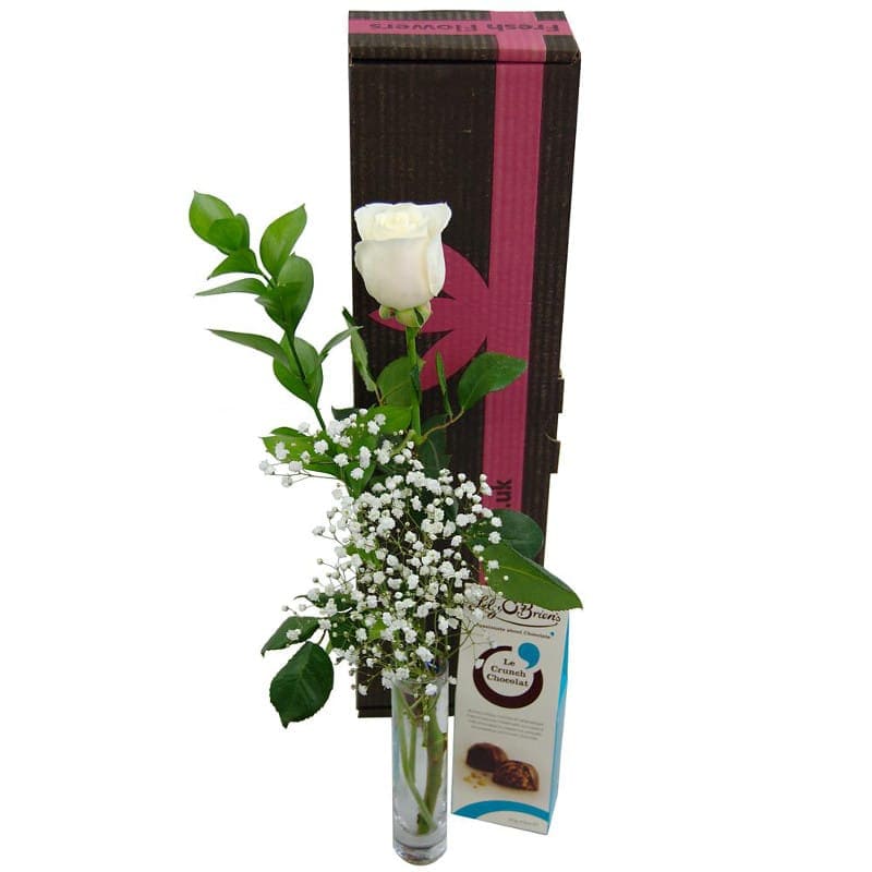 Single White Rose Gift Set Fresh White Rose, Vase and Chocolates for