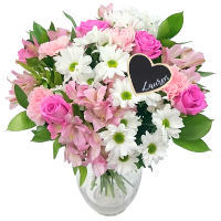 Precious Pink and White Bouquet with Personalised Name Pick